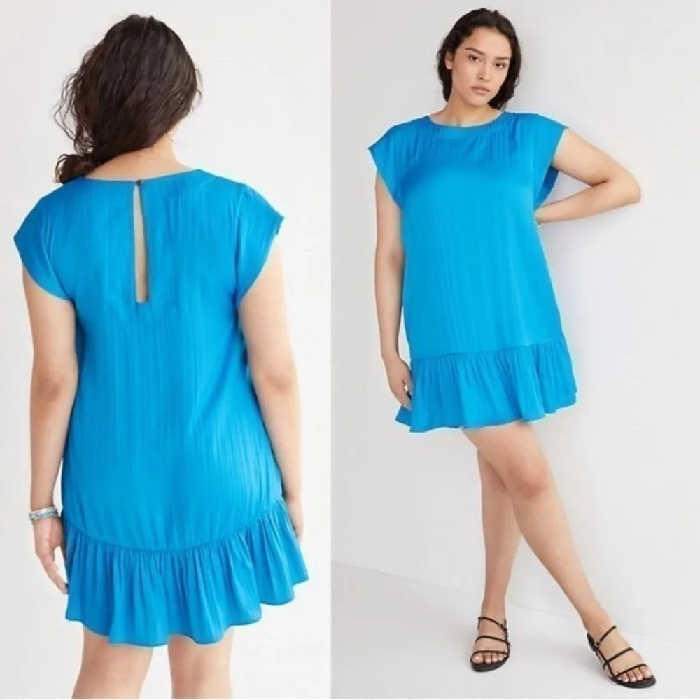 ANTHROPOLOGIE XS Feminine Romantic Blue Flouncy Tunic Dress Pleated Ruffle Hem